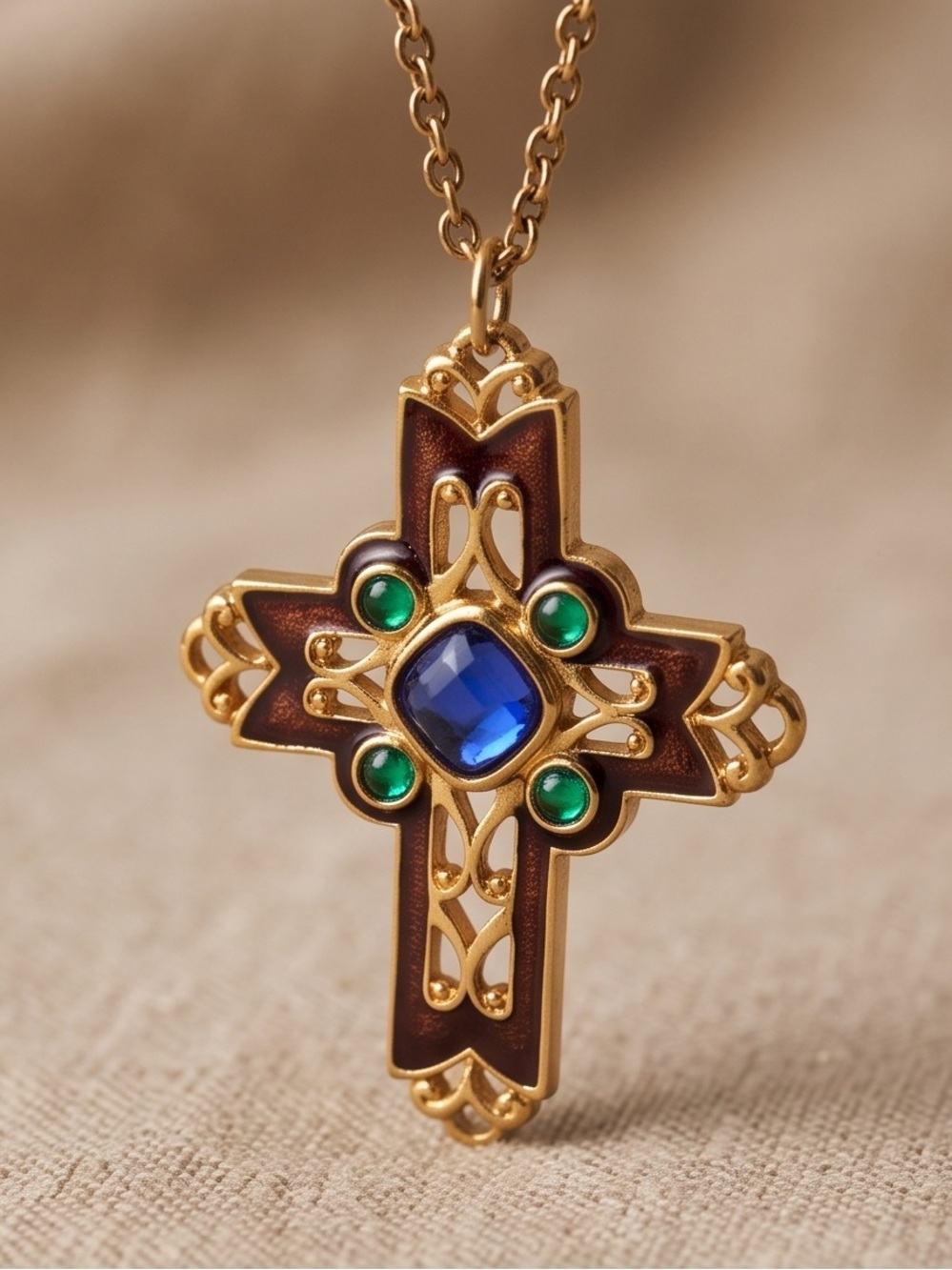 Avon Gold-Tone Enamel Cross Pendant Necklace with Faux Gemstones